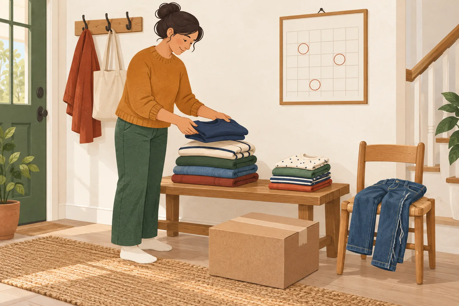 Old Navy return policy illustration: a parent folds family clothes on a hallway bench beside a sealed parcel, with split-seam kids' jeans set aside on a chair