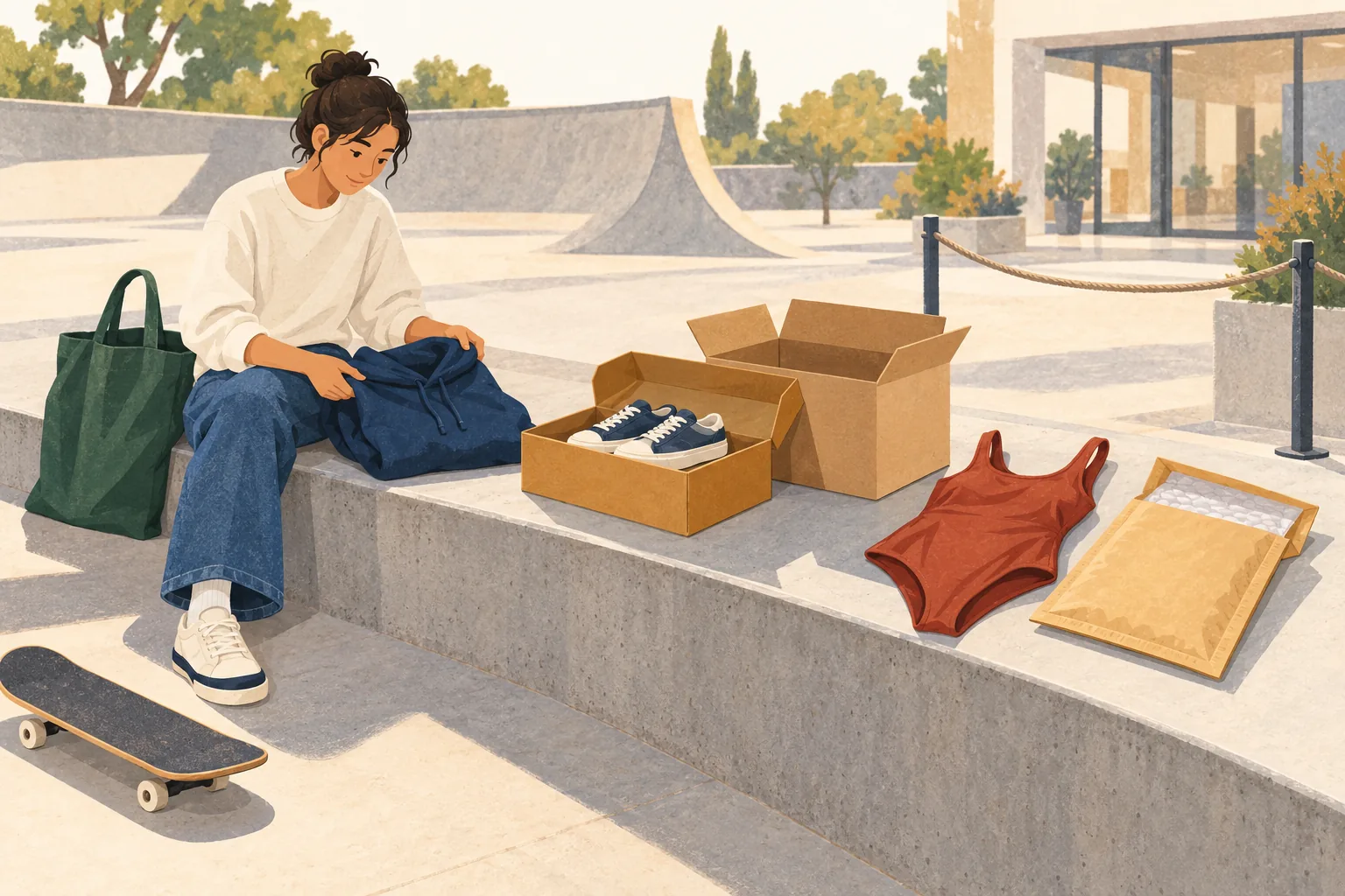 Illustration for the return policy for Pacsun: a shopper at a skate park sorts a hoodie, sneakers in a shoebox and a swimsuit beside a carton and padded mailer