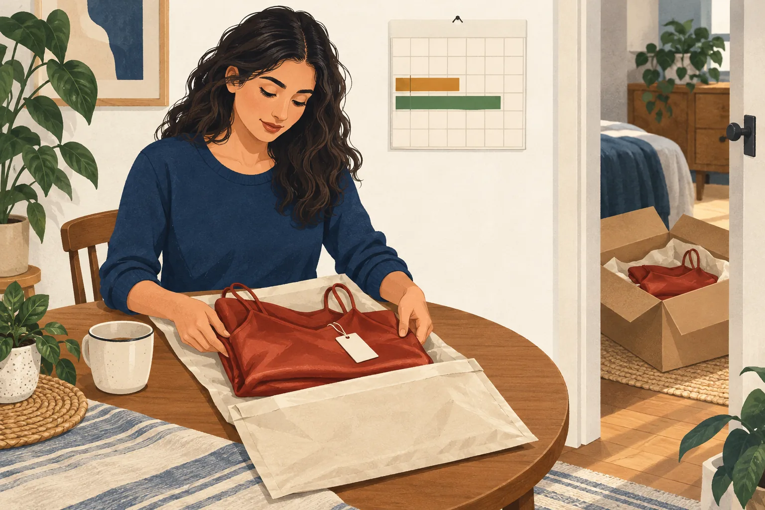 Pepper Mayo return policy illustration of a woman packing a tagged red dress into a mailer, with an open box holding a second dress and a wall calendar showing two shaded spans.