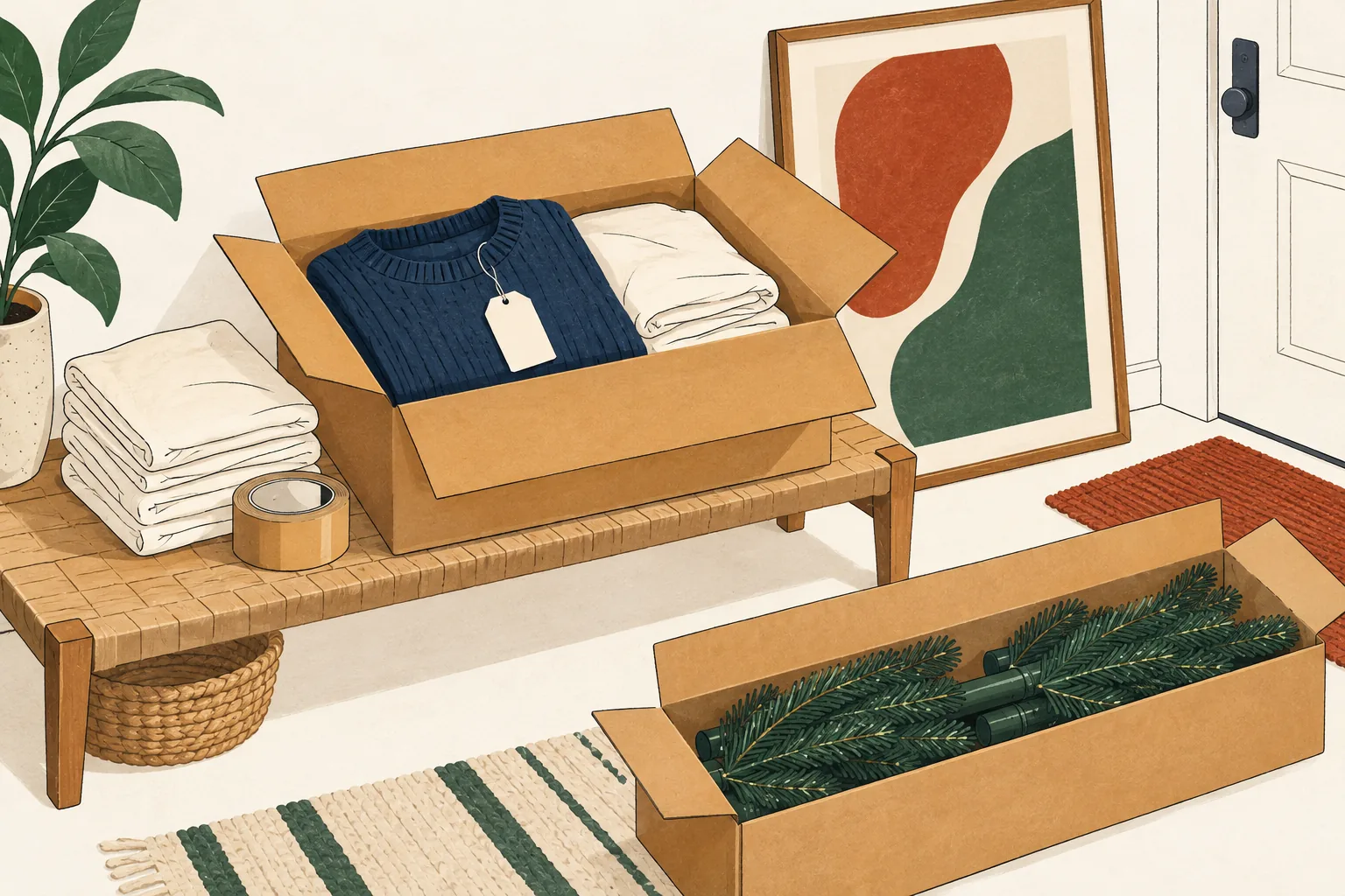 Quince return policy illustration of a folded navy sweater and bed linens in an open cardboard box, beside a carton of artificial Christmas-tree sections and framed abstract art