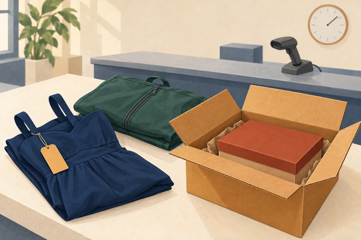 Reformation return policy illustration of a tagged navy dress, green garment bag and shoebox packed inside a separate shipping carton at a carrier counter