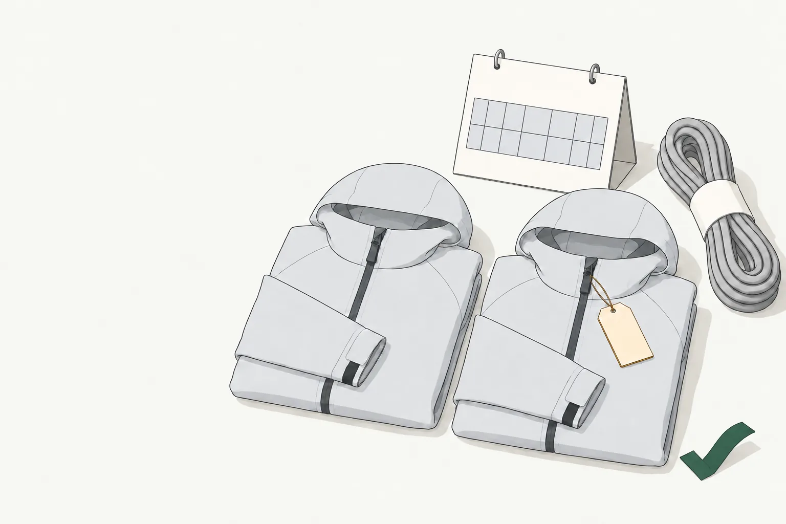 Illustration for rei price match policy: matching rain jackets, an amber tag, a calendar, rope and a green check.