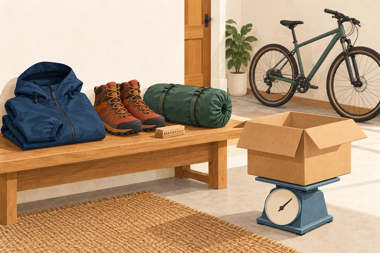 REI return policy illustration of a folded rain jacket, hiking boots and a rolled tent on a bench beside an open box on a parcel scale, with a bicycle against the wall