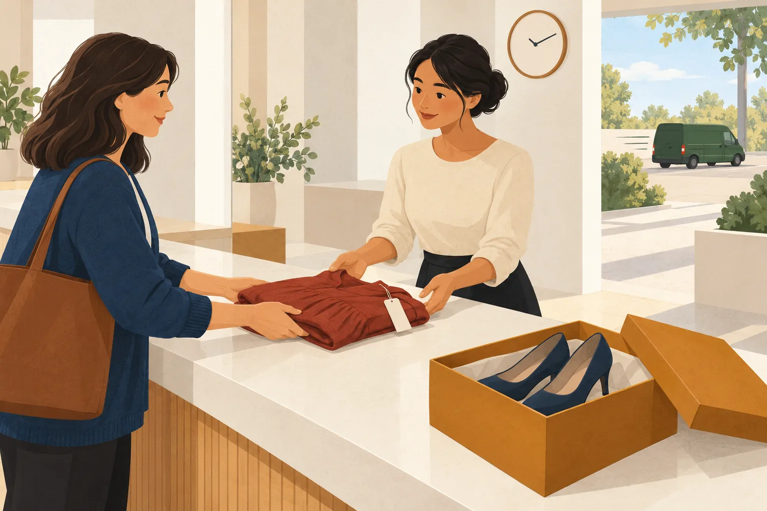 Illustration for the return policy for Revolve: a shopper hands a tagged dress across a return counter beside heels in their shoebox as a delivery van drives away.