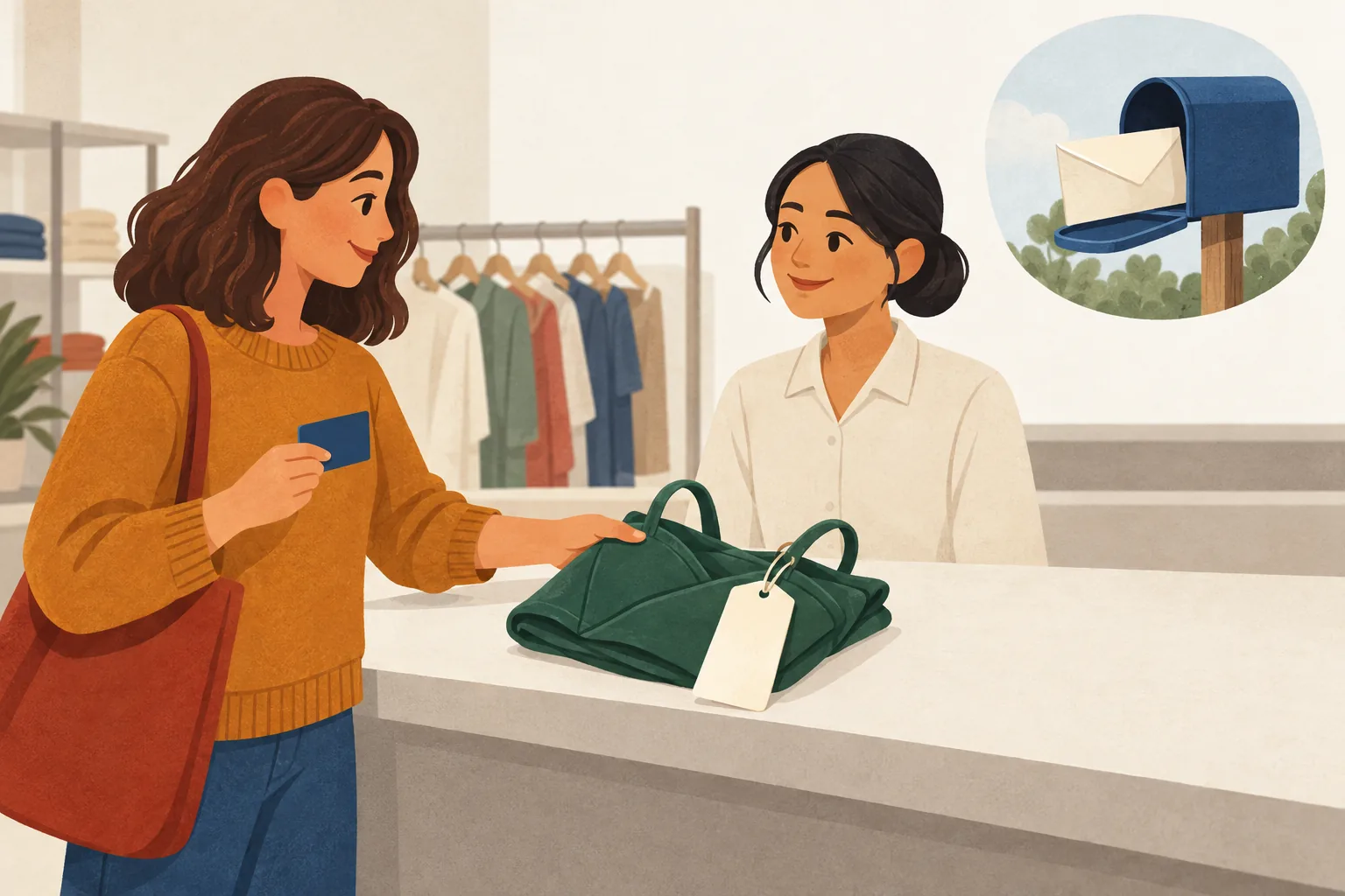 Illustration of the return policy for Ross: a shopper sets a folded green garment with a blank tag on a store counter while holding a card, with an envelope in a mailbox inset.