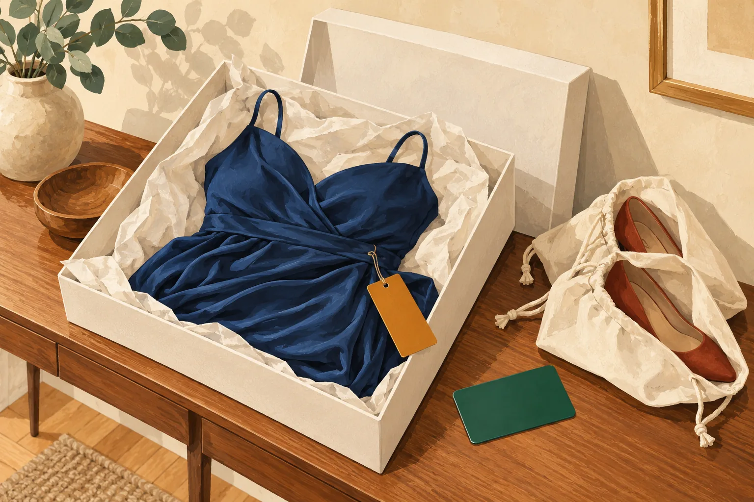 Saks Fifth Ave return policy illustration of a navy dress with its tag still attached in a tissue-lined box, beside a blank green card and heels in dust bags
