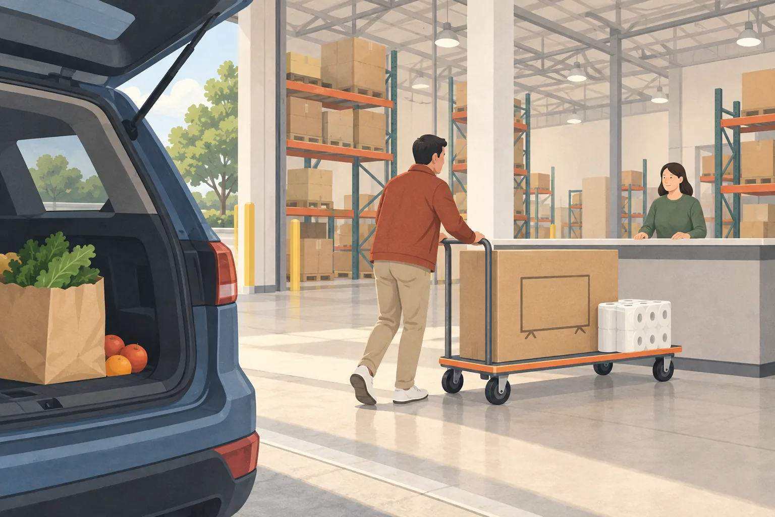Sam's Club return policy illustration: a shopper pushes a flatbed cart with a boxed TV and paper towels toward a plain warehouse service counter while groceries stay in an open car trunk