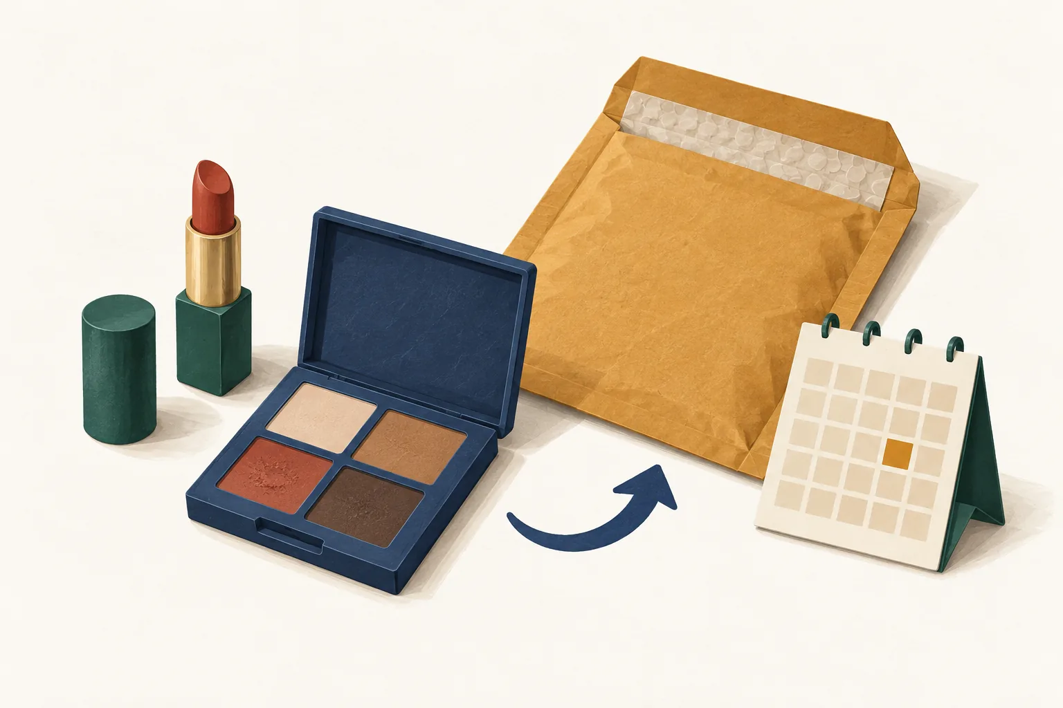 Illustration for the sephora return policy showing an open lipstick and eyeshadow palette beside a padded return mailer, curved arrow and unnumbered calendar.
