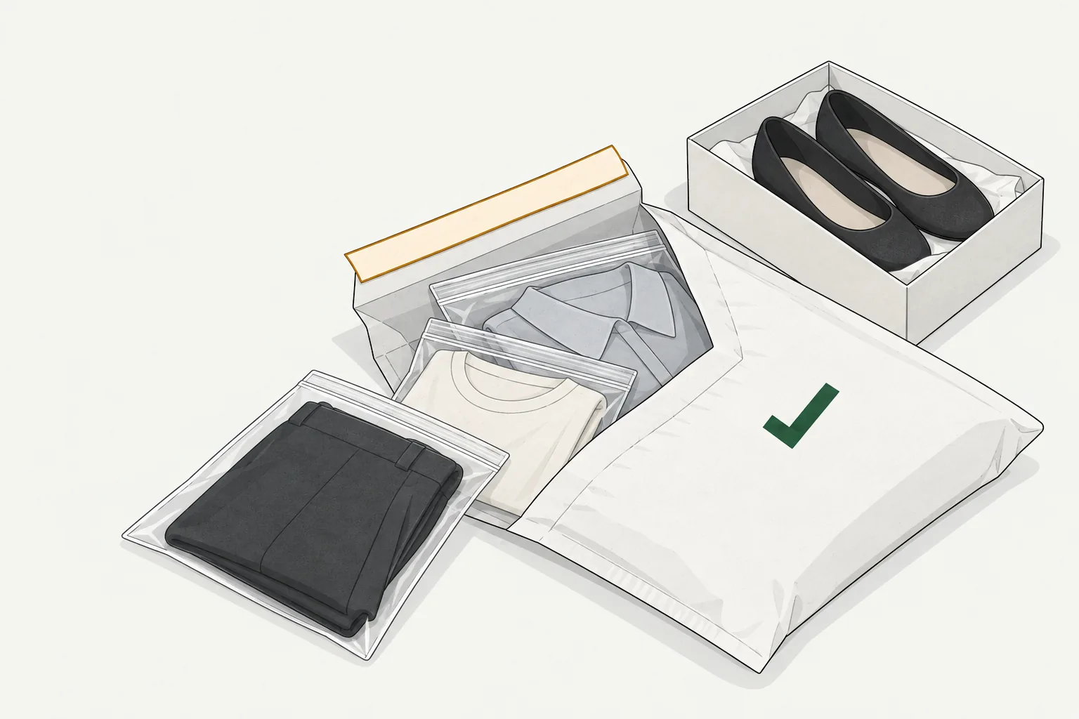 Illustration for the return policy of shein: bagged clothes, one mailer and boxed shoes.