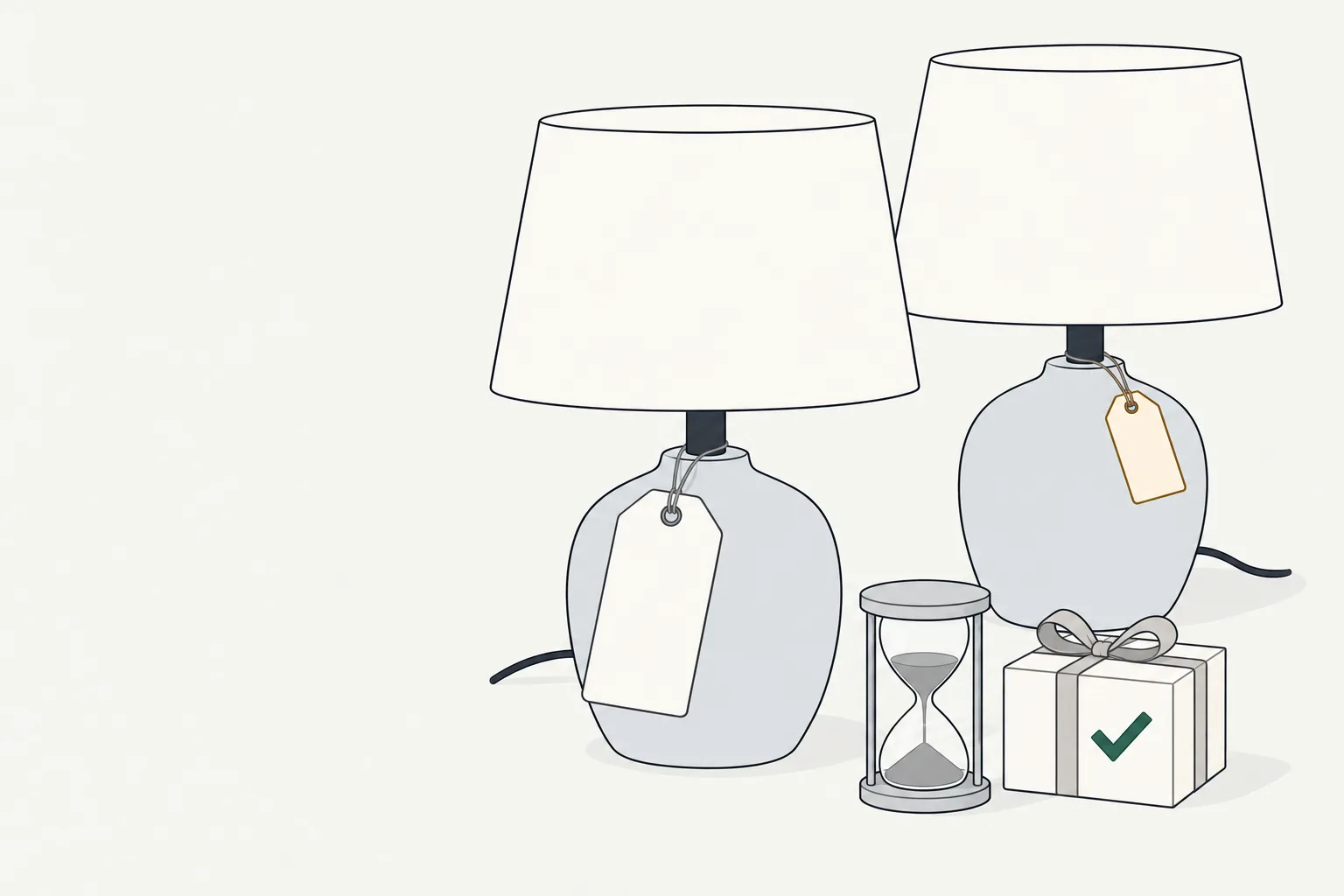 Illustration for the target price match policy: matching lamps with blank tags, an hourglass and a gift with a green check.