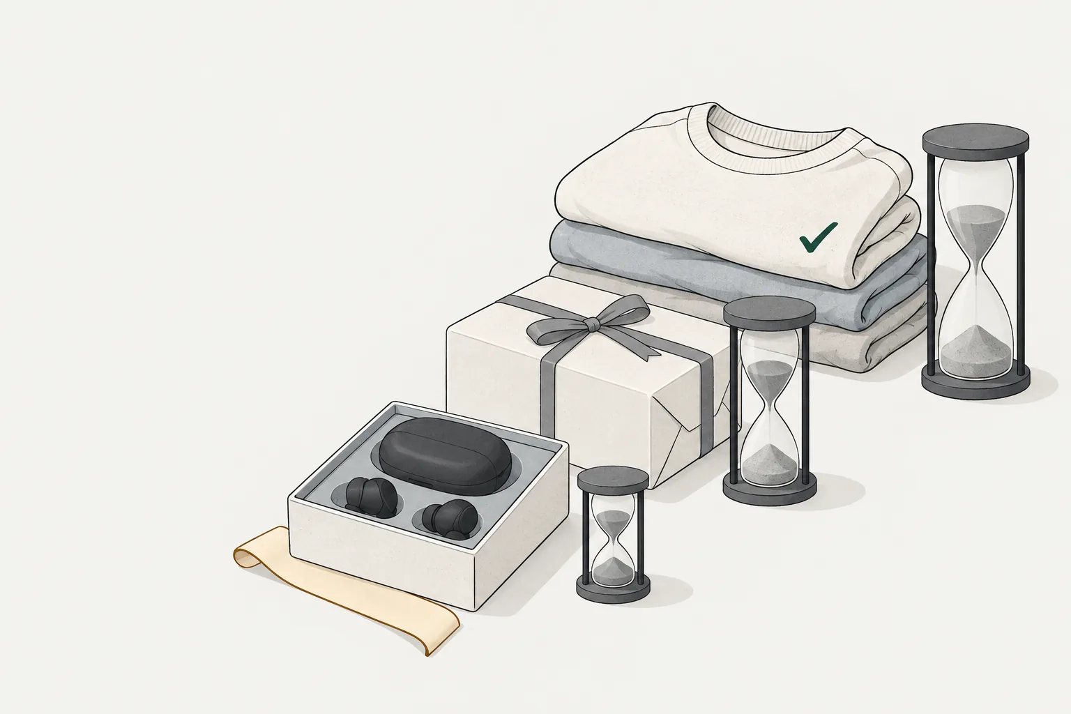 Illustration for return policy target: clothes, boxed earbuds and a gift with three different-sized hourglasses.