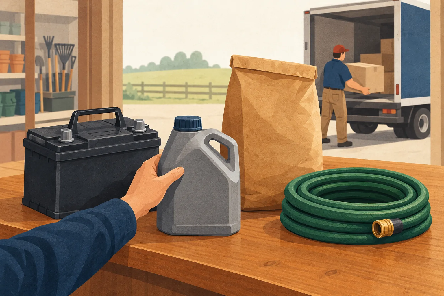 Editorial illustration for the Tractor Supply return policy: a hand rests on an oil jug beside a car battery, feed bag and coiled hose on a wooden counter while a worker loads a box into a delivery truck outside.