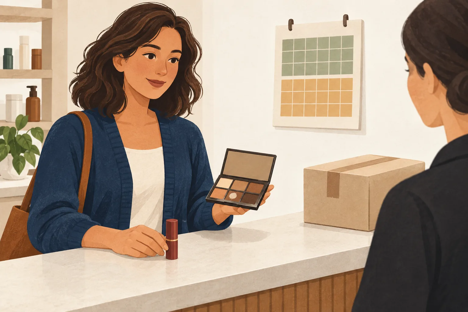 Illustration of the return policy at Ulta: a shopper shows a gently used eyeshadow palette and a lipstick to an associate at a beauty counter, beside a two-tone calendar and a sealed parcel.