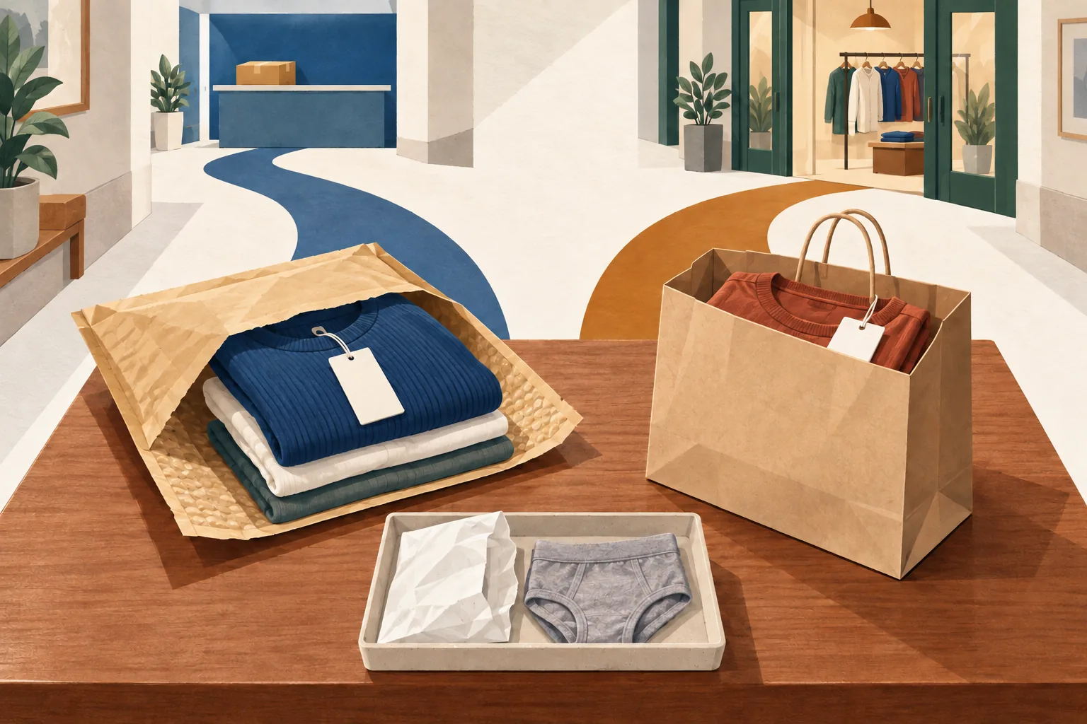 Return policy uniqlo illustration: tagged folded clothing in a padded mailer and a paper shopping bag, with separate paths to a parcel counter and a clothing store, and briefs set apart in a tray.