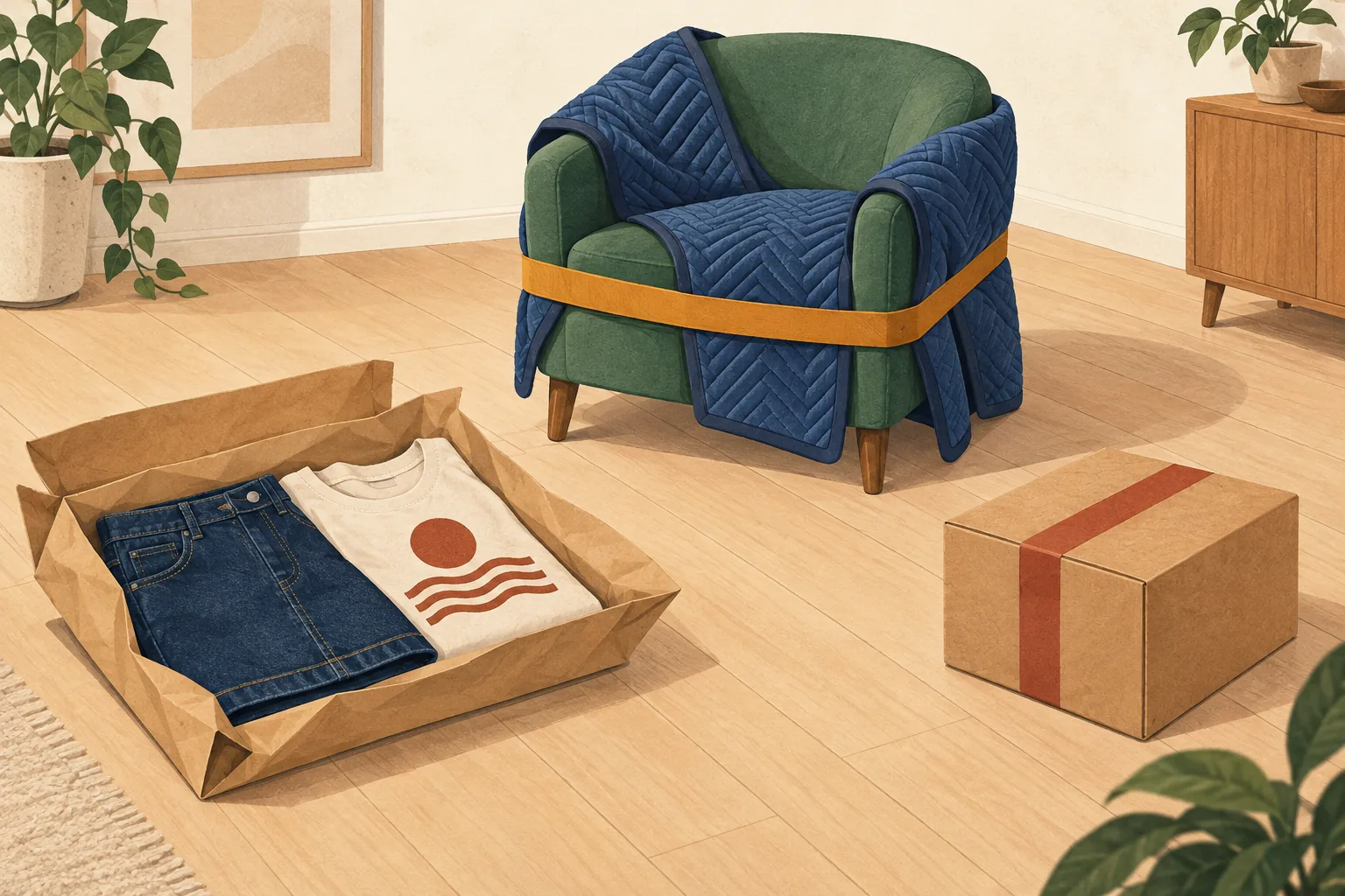 Urban Outfitters return policy illustration of folded denim and a T-shirt in a paper mailer, a blanket-wrapped green armchair and a taped cardboard box on a wooden floor