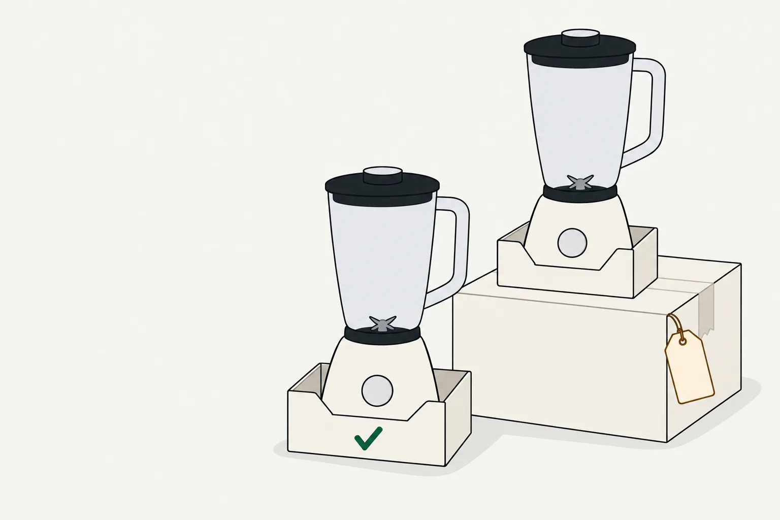Two identical blenders, a parcel, amber tag and green check illustrate the walmart price match policy.