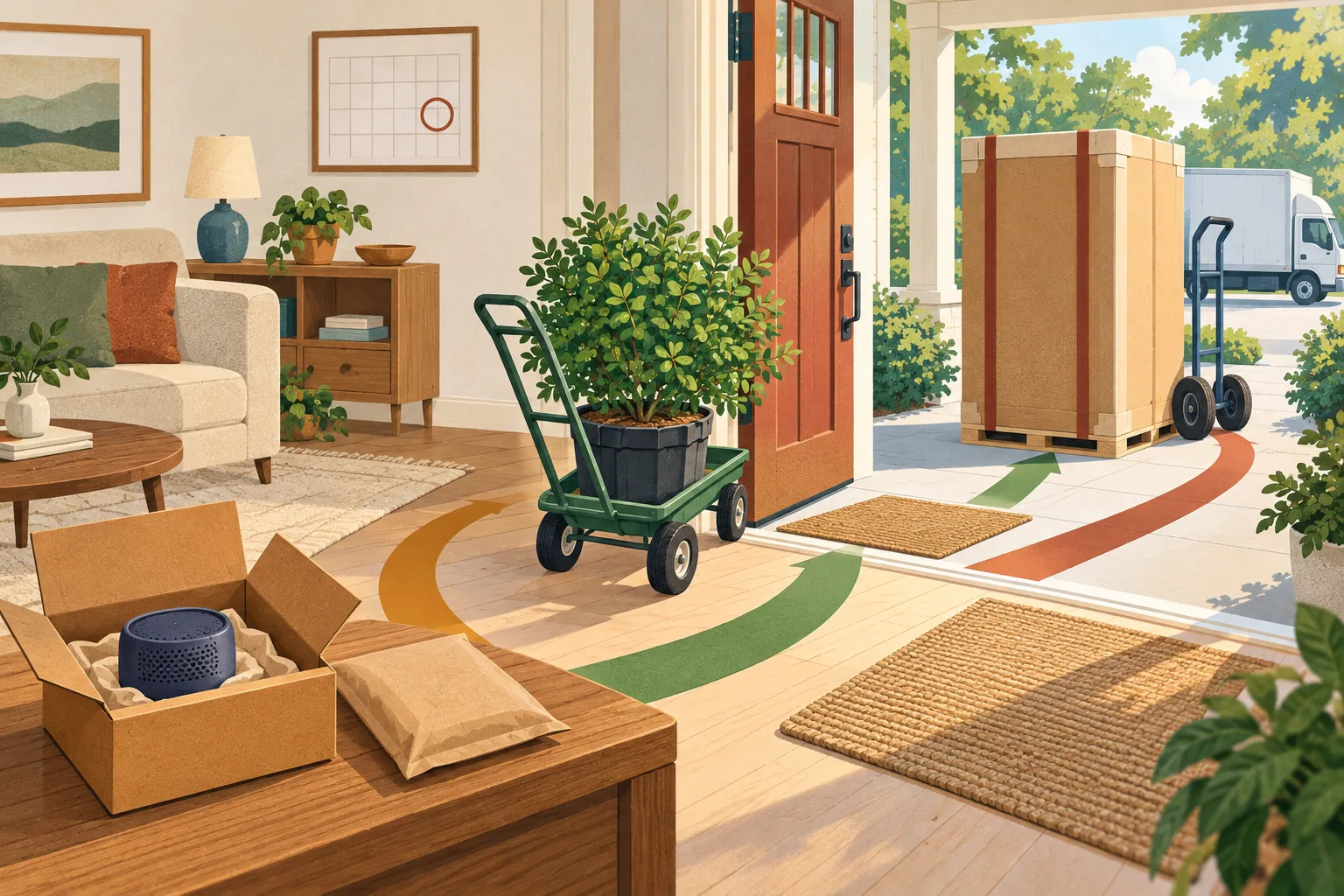 Walmart return policy illustration showing a boxed speaker beside a parcel sack, a shrub in a garden cart and a sealed appliance crate awaiting a carrier truck