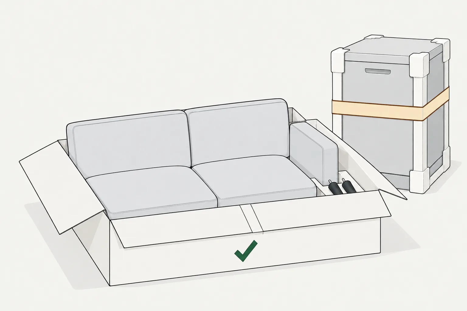 Boxed sofa and wrapped dishwasher with an amber band illustrate the return policy for wayfair.