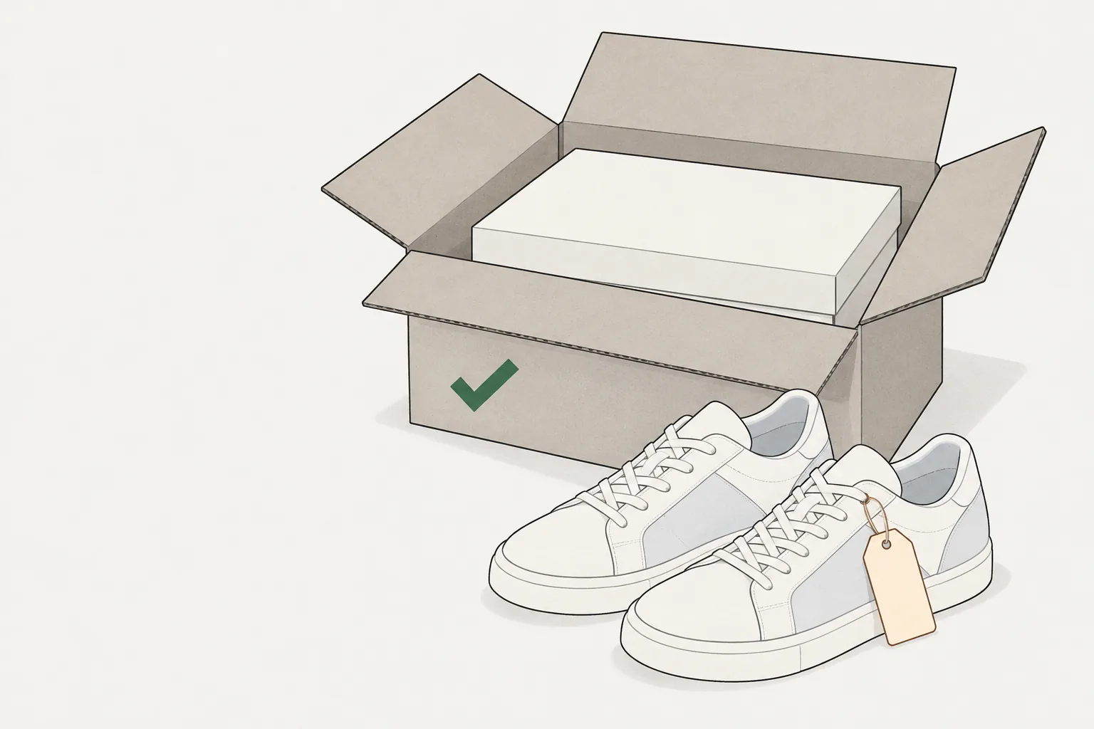 Illustration for the zappos return policy: tagged unworn sneakers beside a shoe box inside an open shipping carton.