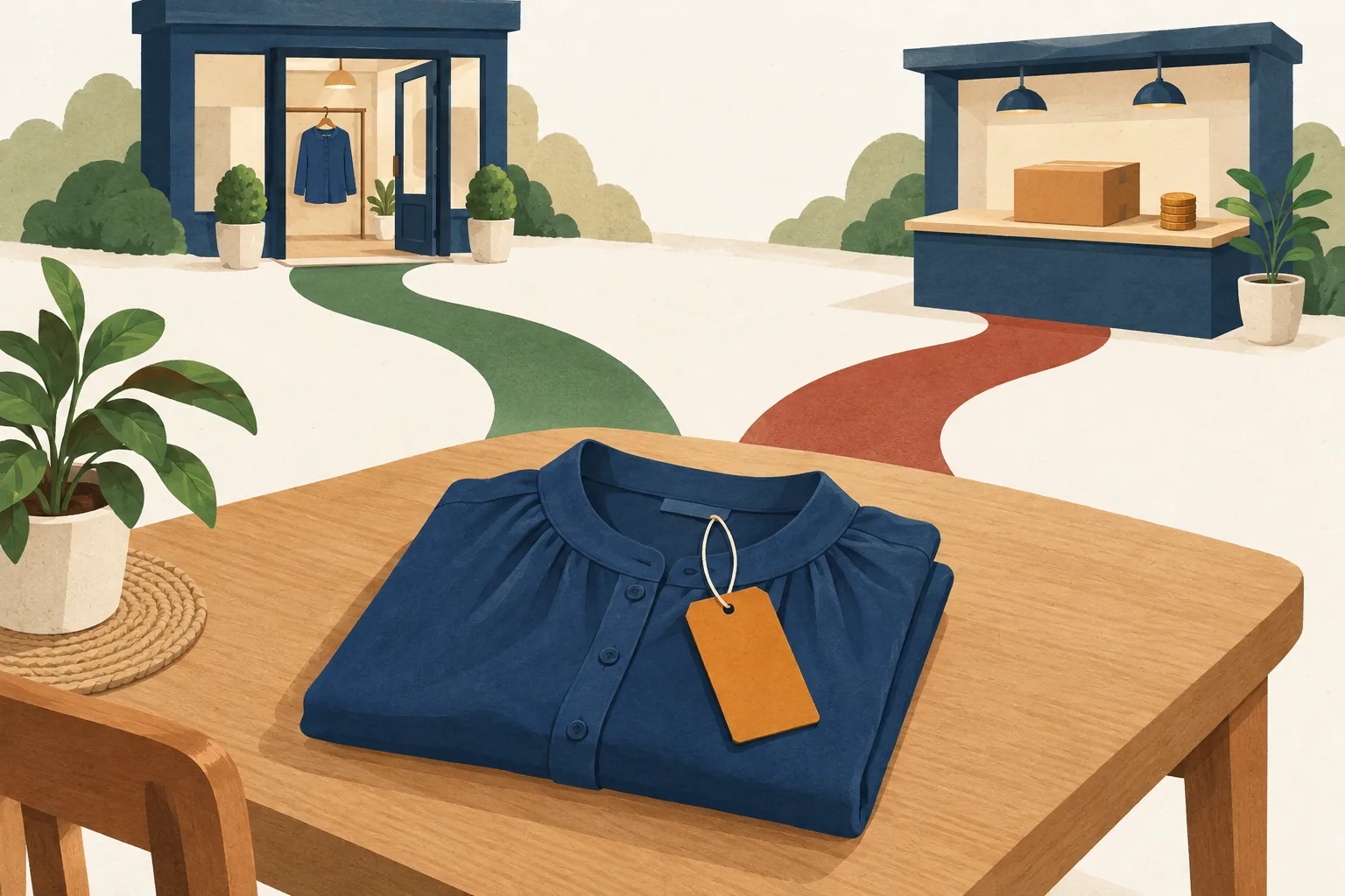 Editorial illustration for the return policy of Zara: a tagged navy blouse on a table, with paths to a clothing store and a parcel drop-off counter with coins